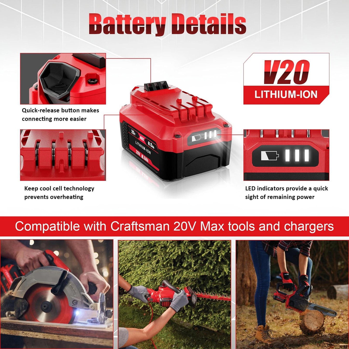 2PCS 20V 8.0Ah High‑Capacity Replacement Battery for Craftsman V20 CMCB204 CMCB202 CMCB201 Cordless Power Tools