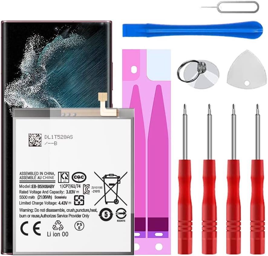 Galaxy S22 Ultra Battery,2025 New Upgraded 5500 mAh EB-BS908ABY  Battery for Samsung Galaxy S22 Ultra 5G SM-S908U with Repair Tool Kits