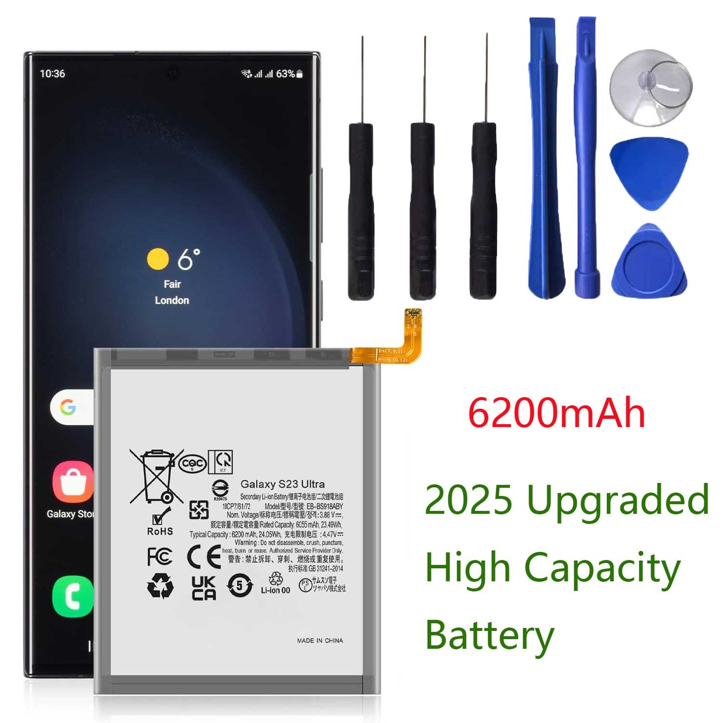 Galaxy S23 Ultra Battery, (2025 Upgraded) High Capacity 6200mAh EB-BS918ABY Li-Polymer Battery for Galaxy S23 Ultra SM-S918U SM-S918U1 SM-S918B with Repair Tool Kits