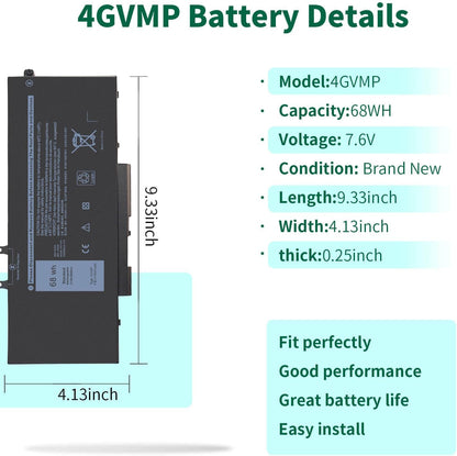 4GVMP Laptop Battery for Dell Latitude 5400 5500 5410 5510, Inspiron 7590 7591 7791, Precision 3540 3550 7.6V 68Wh Replacement