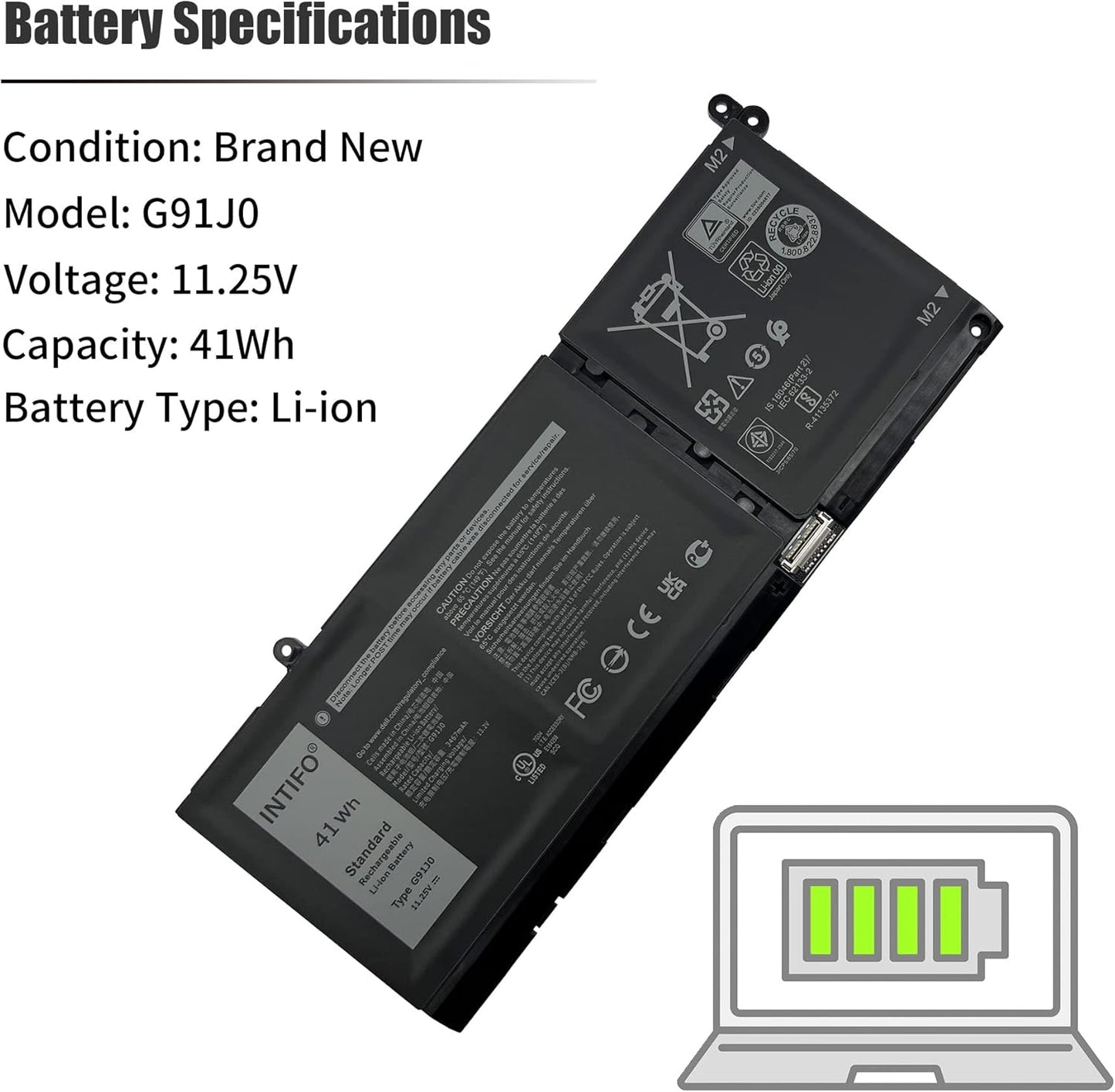 41Wh G91J0 Laptop Battery Compatible with Dell Latitude 3320 3420 3520 Vostro 3510 3511 3515 5310 5410 5415 5510 5515 Inspiron 5418 5518 7415 2-in-1 0MGCM5 0FH3K2 V6W33 [11.25V 3467mAh 3-Cell]