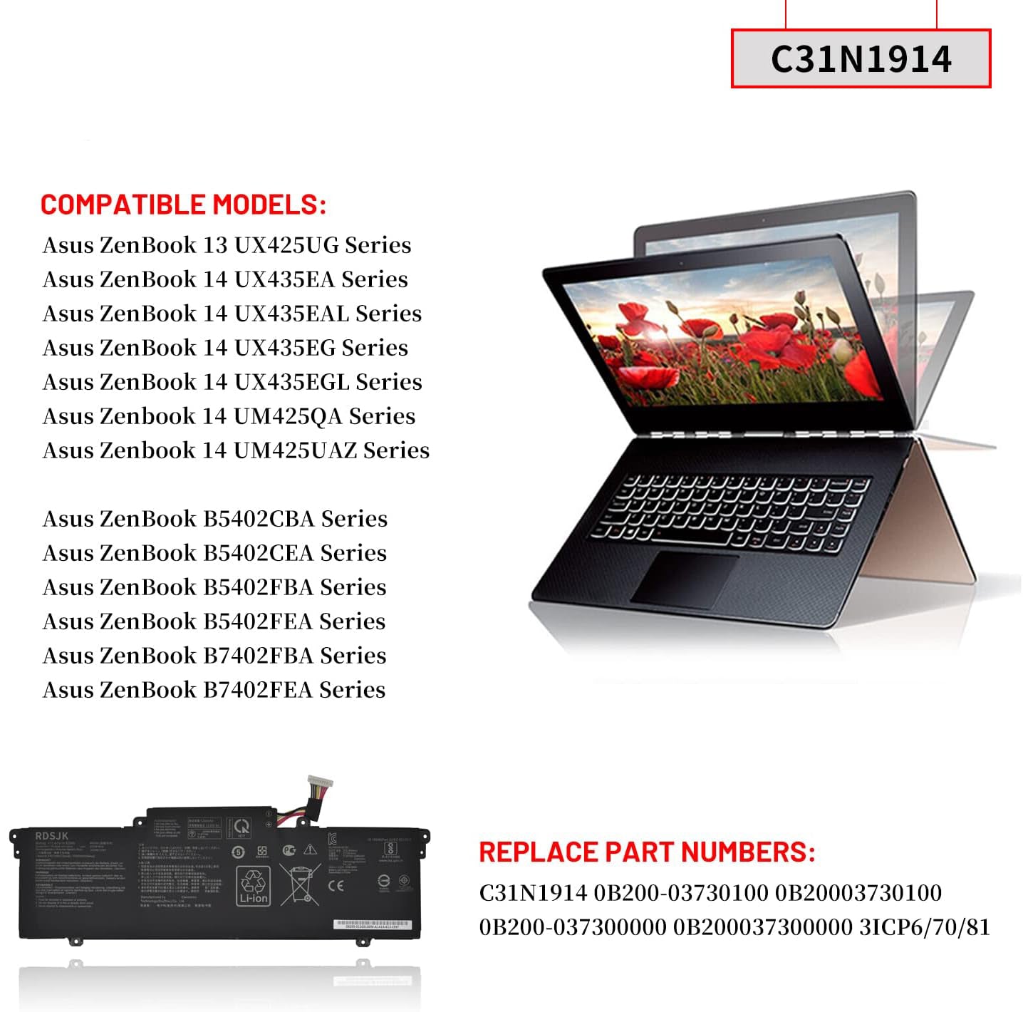 Genuine C31N1914 Laptop Battery for Asus ZenBook 13 UX425UG, ZenBook 14 UX435 Series