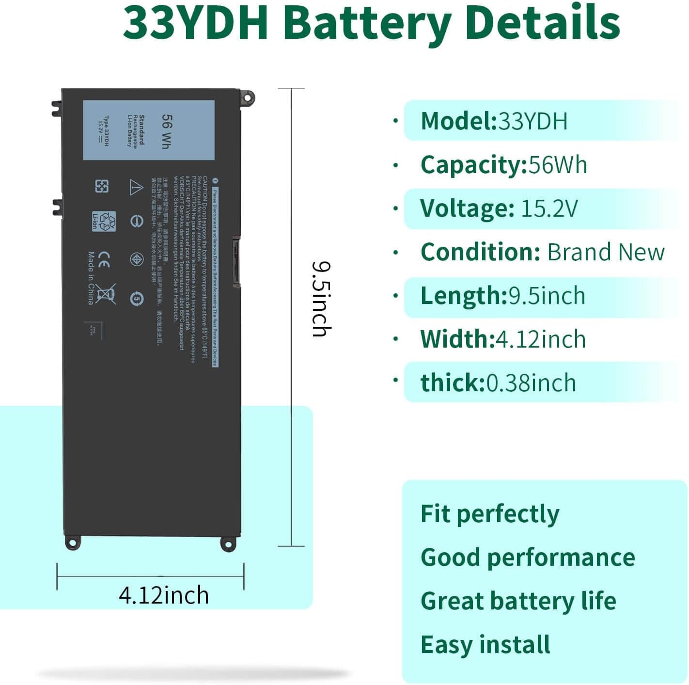 Genuine 56WH 33YDH Laptop Battery for Dell Inspiron 17 7000 7778 7779 7786 7773 15 7577 G3 3579 3779 G5 5587 G7 7588 Latitude 13 3380 14 3490 15 3590 3580 PVHT1 P30E 81PF3 081PF3 12 Months Warranty