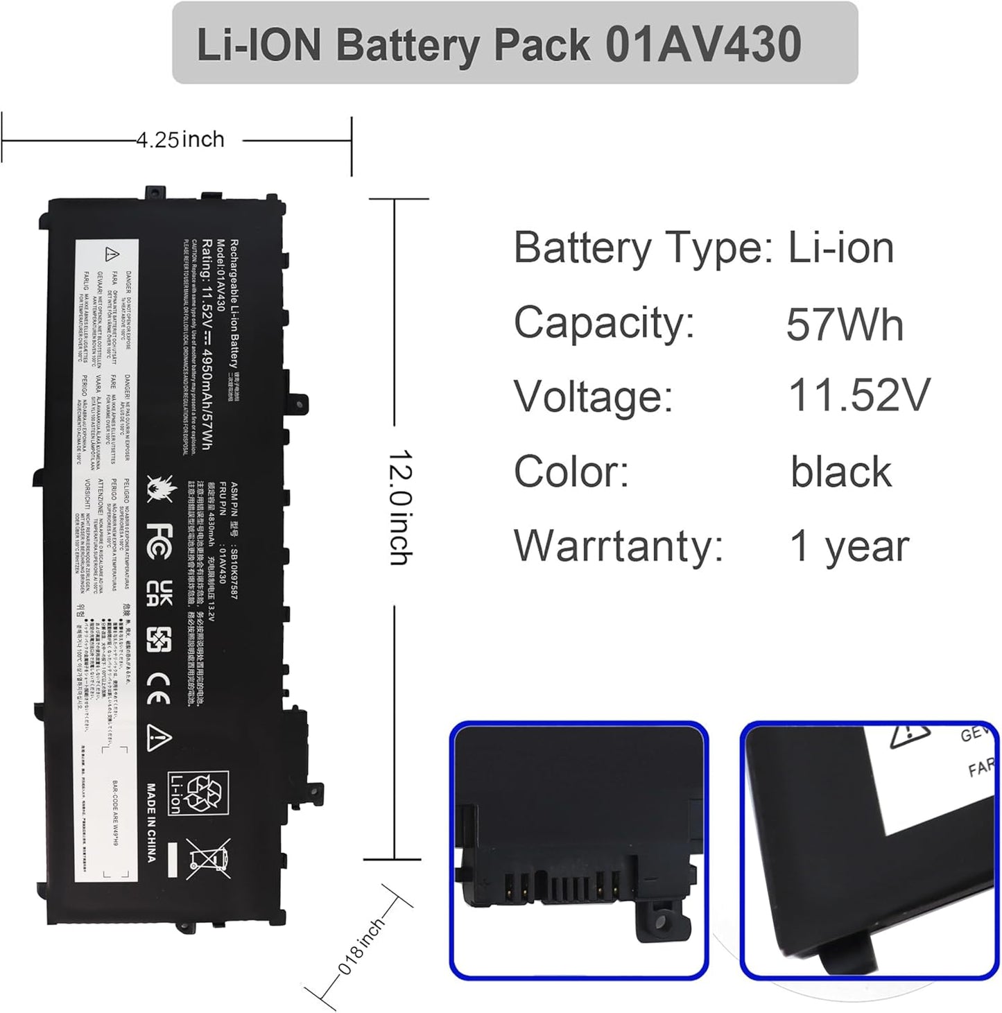 01AV430 SB10K97587 Laptop Battery for Lenovo ThinkPad X1 Carbon 5th Gen 2017 6th Gen 2018 Series 01AV429 01AV431 01AV494 SB10K97586 SB10K97588 11.58V 57Wh 4950mAh