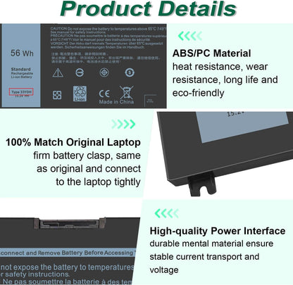 Genuine 56WH 33YDH Laptop Battery for Dell Inspiron 17 7000 7778 7779 7786 7773 15 7577 G3 3579 3779 G5 5587 G7 7588 Latitude 13 3380 14 3490 15 3590 3580 PVHT1 P30E 81PF3 081PF3 12 Months Warranty