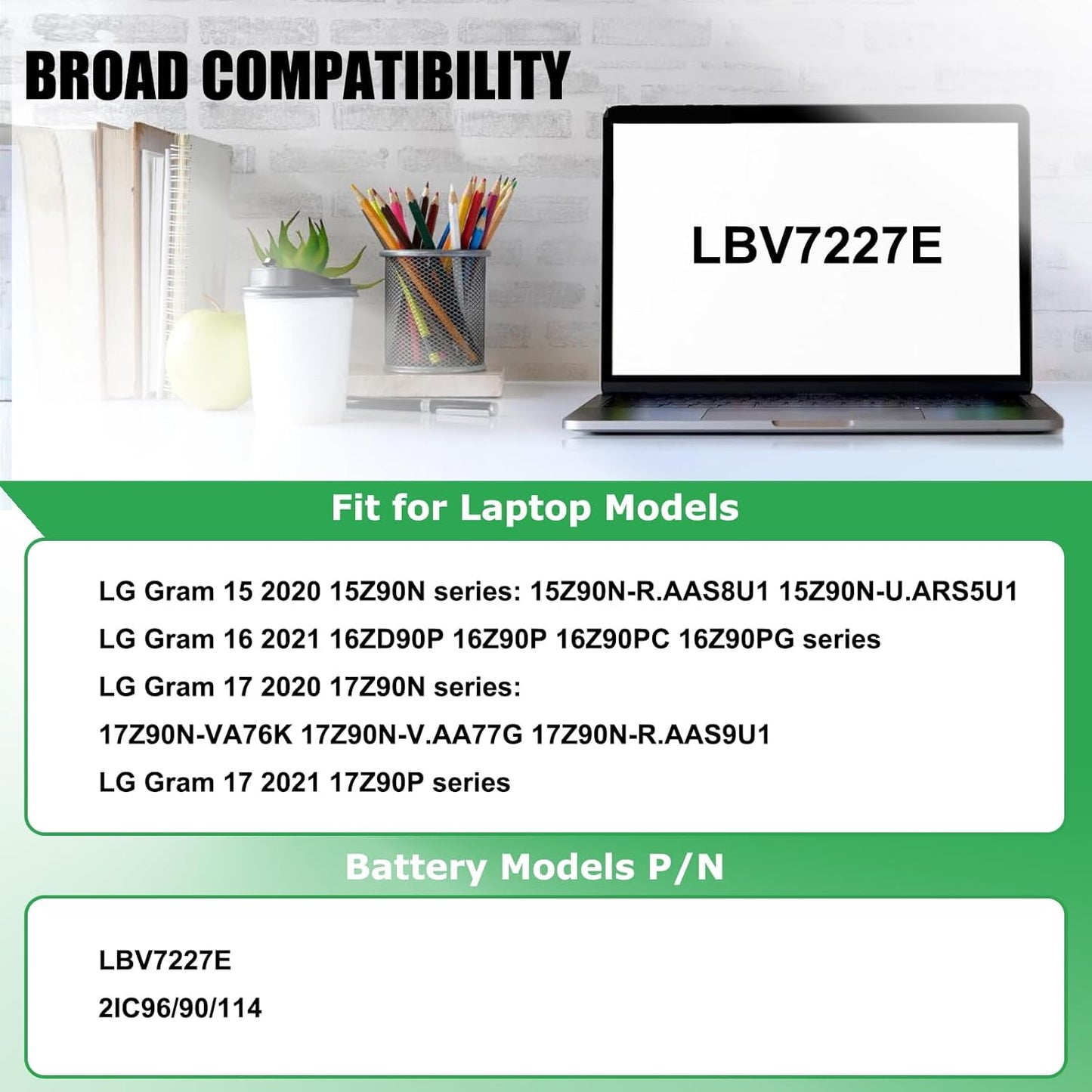 LBV7227E Laptop Battery Replacement for LG Gram 15 2020 15Z90N 16 2021 16ZD90P 16Z90P 16Z90PC 16Z90PG 16T90P 2-in-1 17 2020 17Z90N 17 2021 17Z90P Series Notebook 7.74V 80Wh 10336mAh