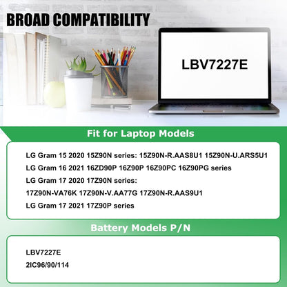 LBV7227E Laptop Battery Replacement for LG Gram 15 2020 15Z90N 16 2021 16ZD90P 16Z90P 16Z90PC 16Z90PG 16T90P 2-in-1 17 2020 17Z90N 17 2021 17Z90P Series Notebook 7.74V 80Wh 10336mAh