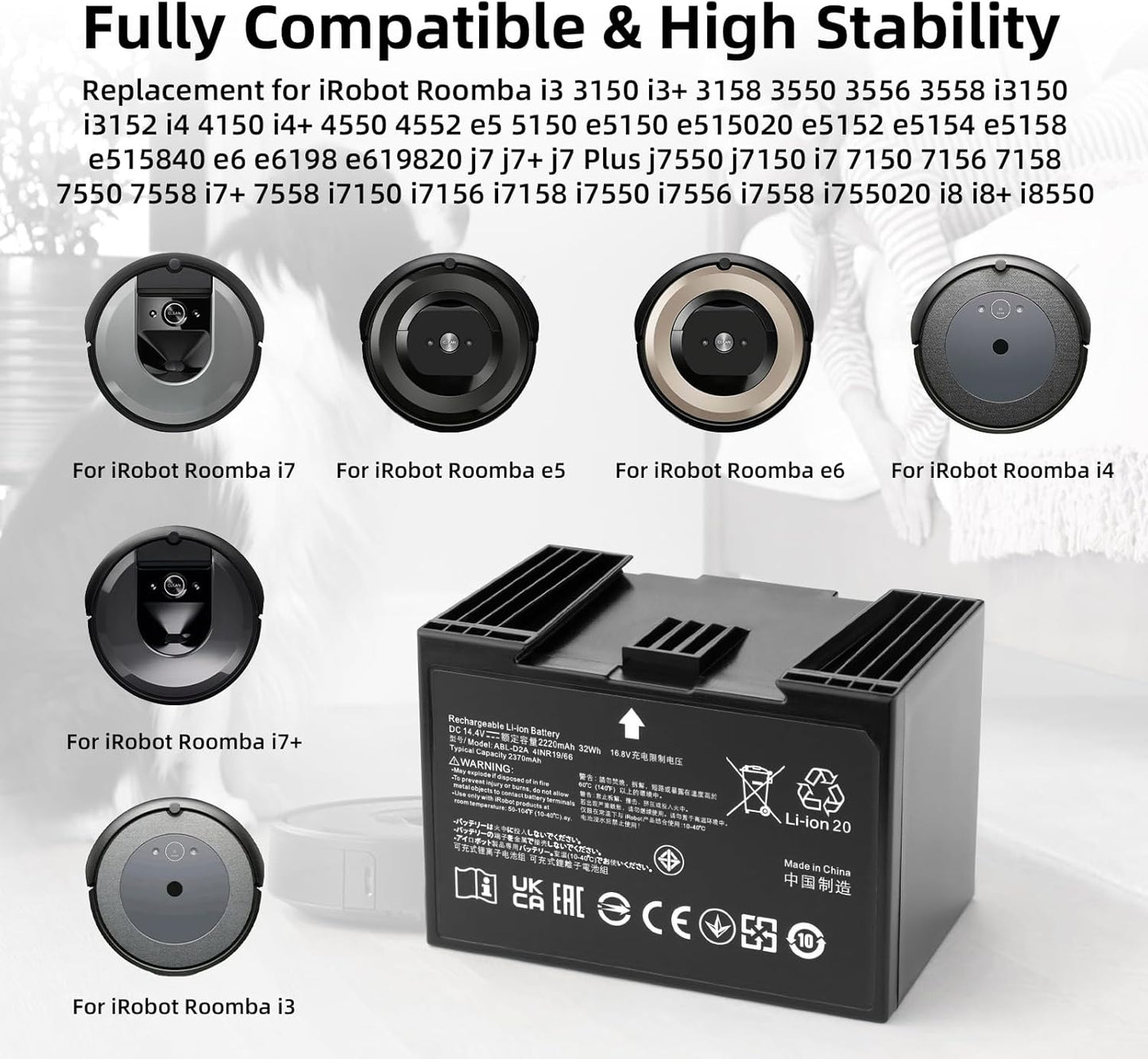 ABL-D2 ABL-D2A Replacement Battery Compatible with iRobot Roomba j7 j7+ j8+ i8 i8+ i4 i4+ i6 e5 e6 Combo i5 j5 j9 Series – 14.4V 32Wh High-Performance Power Pack