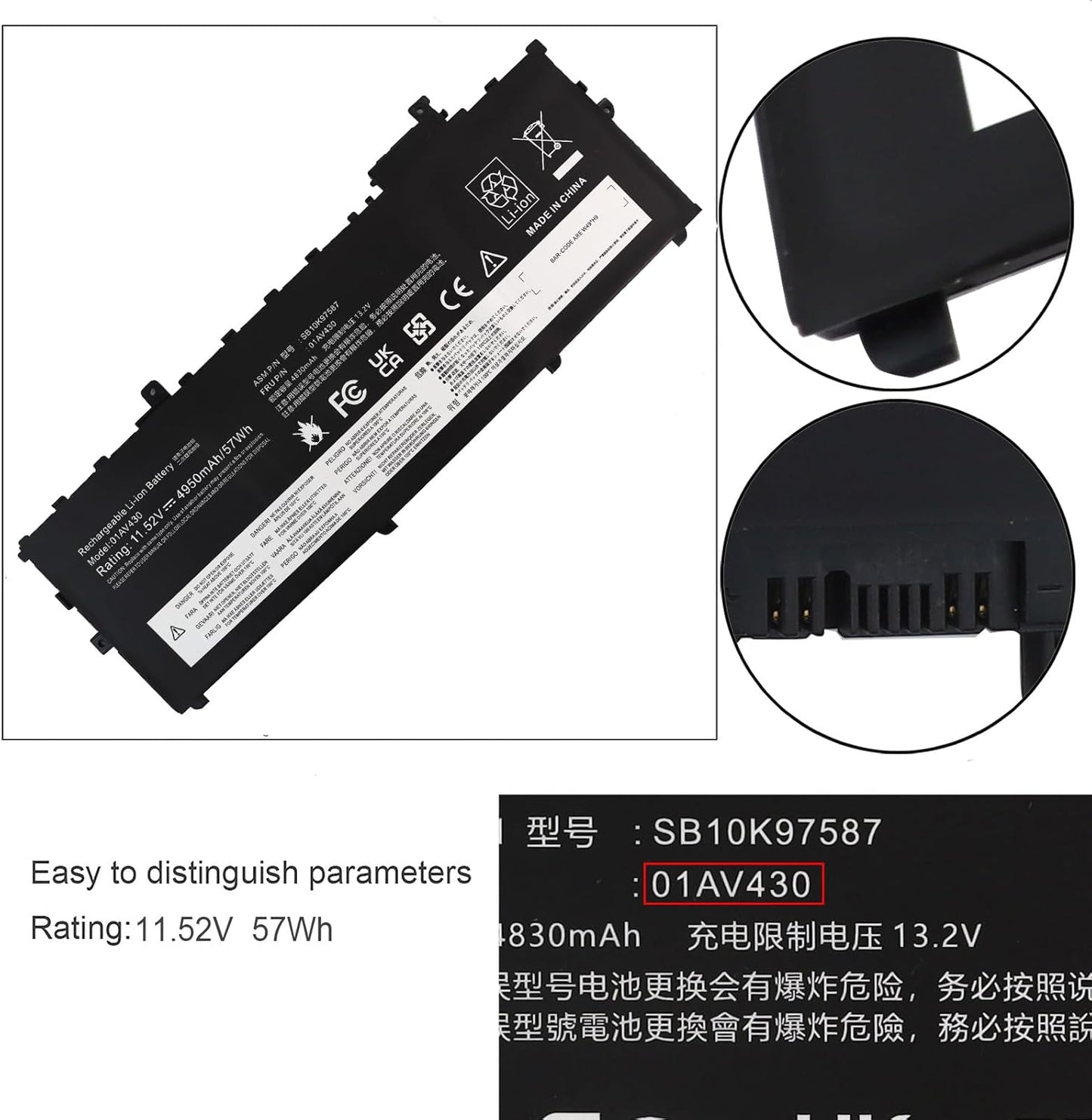 01AV430 SB10K97587 Laptop Battery for Lenovo ThinkPad X1 Carbon 5th Gen 2017 6th Gen 2018 Series 01AV429 01AV431 01AV494 SB10K97586 SB10K97588 11.58V 57Wh 4950mAh