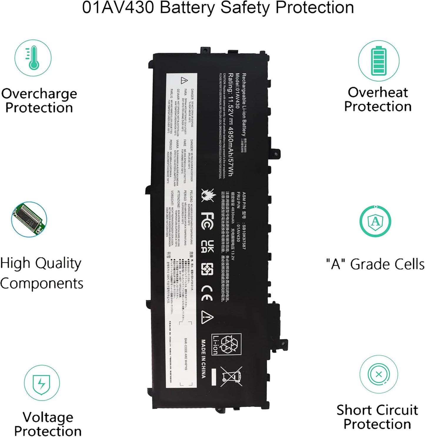 01AV430 SB10K97587 Laptop Battery for Lenovo ThinkPad X1 Carbon 5th Gen 2017 6th Gen 2018 Series 01AV429 01AV431 01AV494 SB10K97586 SB10K97588 11.58V 57Wh 4950mAh
