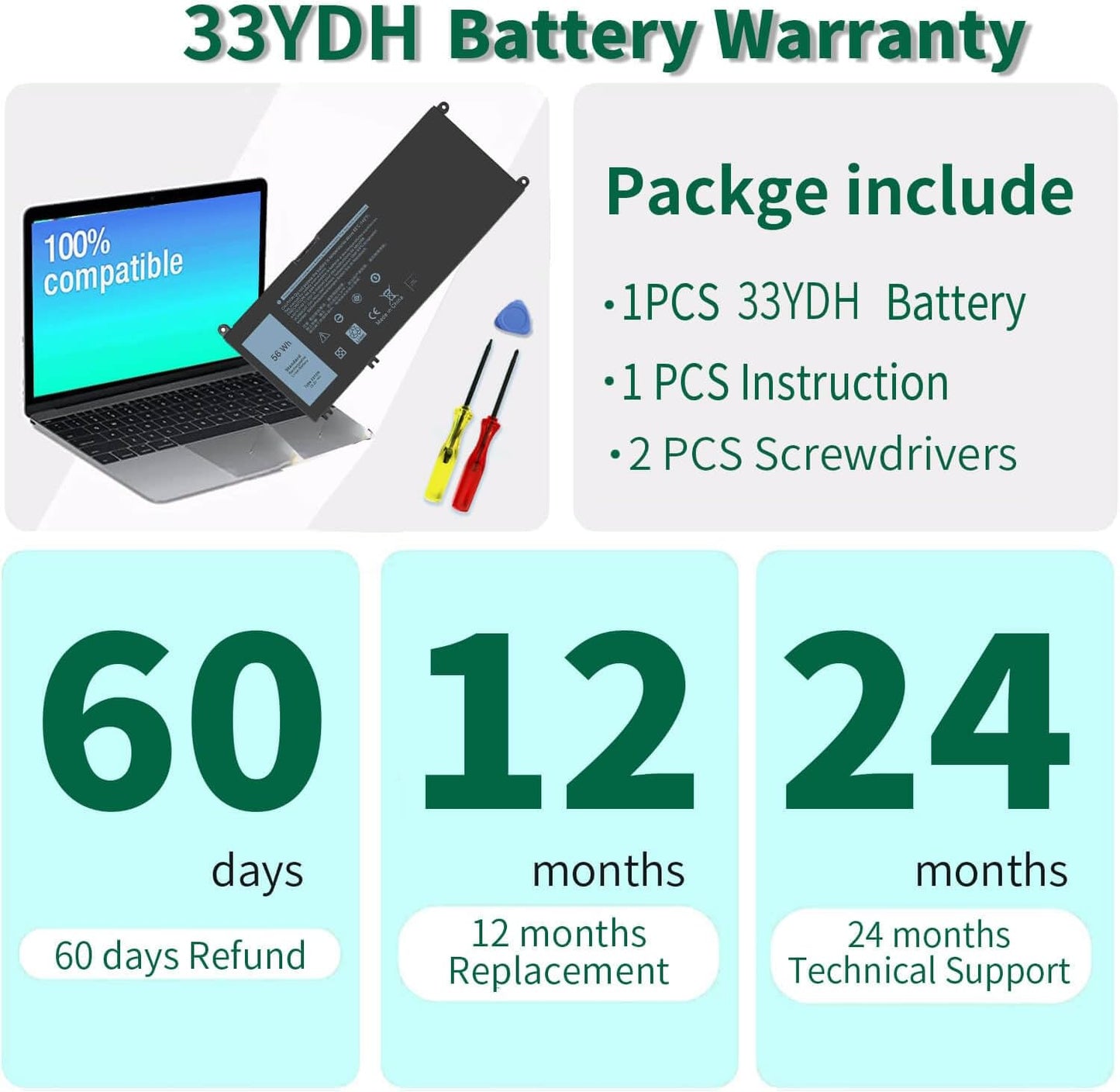 56WH 33YDH Laptop Battery for Dell Inspiron 17 7000 7778 7779 7786 7773 15 7577 G3 3579 3779 G5 5587 G7 7588 Latitude 13 3380 14 3490 15 3590 3580 PVHT1 P30E 81PF3 081PF3 12 Months Warranty