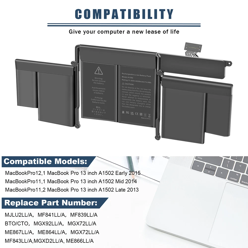 Best A1502 Replacement Battery for MacBook Pro Retina 13″ (Early 2015/Mid 2014/Late 2013) – 74.9Wh High Capacity
