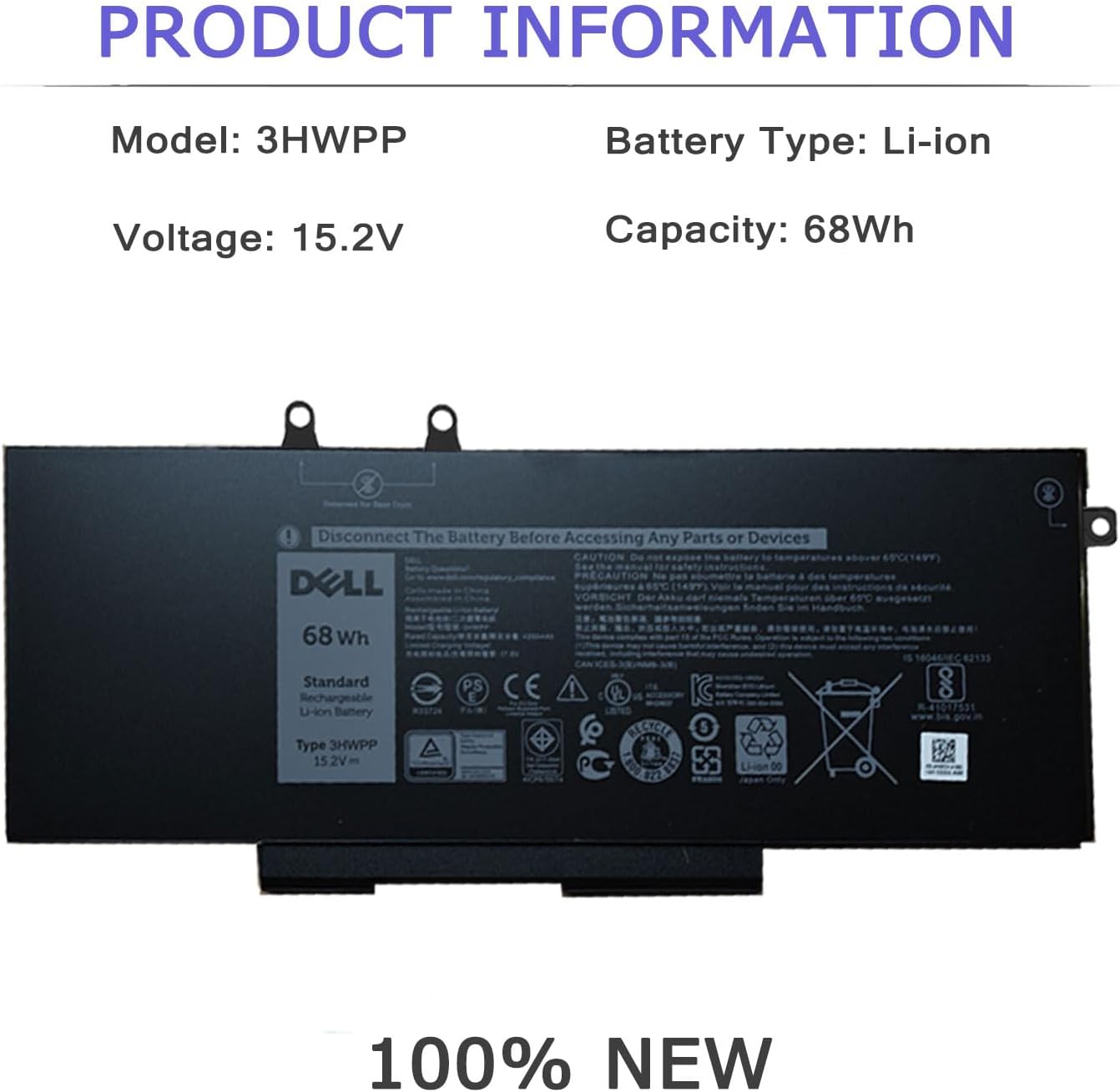 DELL 3HWPP Battery for Dell Latitude 5401 5410 5411 5501 5510 5511 Precision 3541 3551 Inspiron 7706 2-in-1 Inspiron 7500 2-in-1 Inspiron 7506 2-in-1 Black 03HWPP 10X1J N2NLL 1VY7F 451-BCMN 15.2V 68Wh