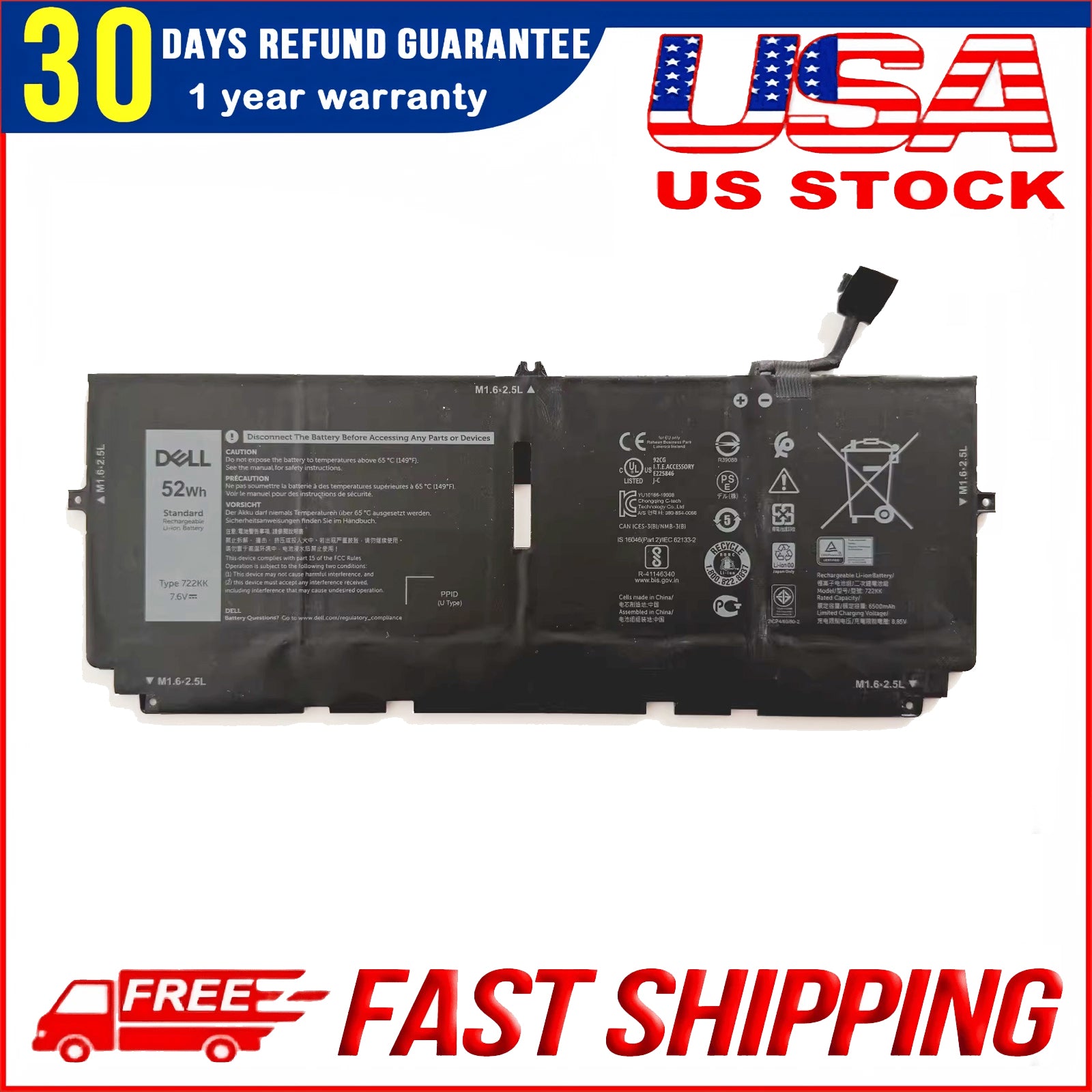 OEM Genuine 722KK 52Wh Battery Replacement for Dell XPS 13 9310 9300 Laptop (0WN0N0, 02XXFW, 2XXFW)