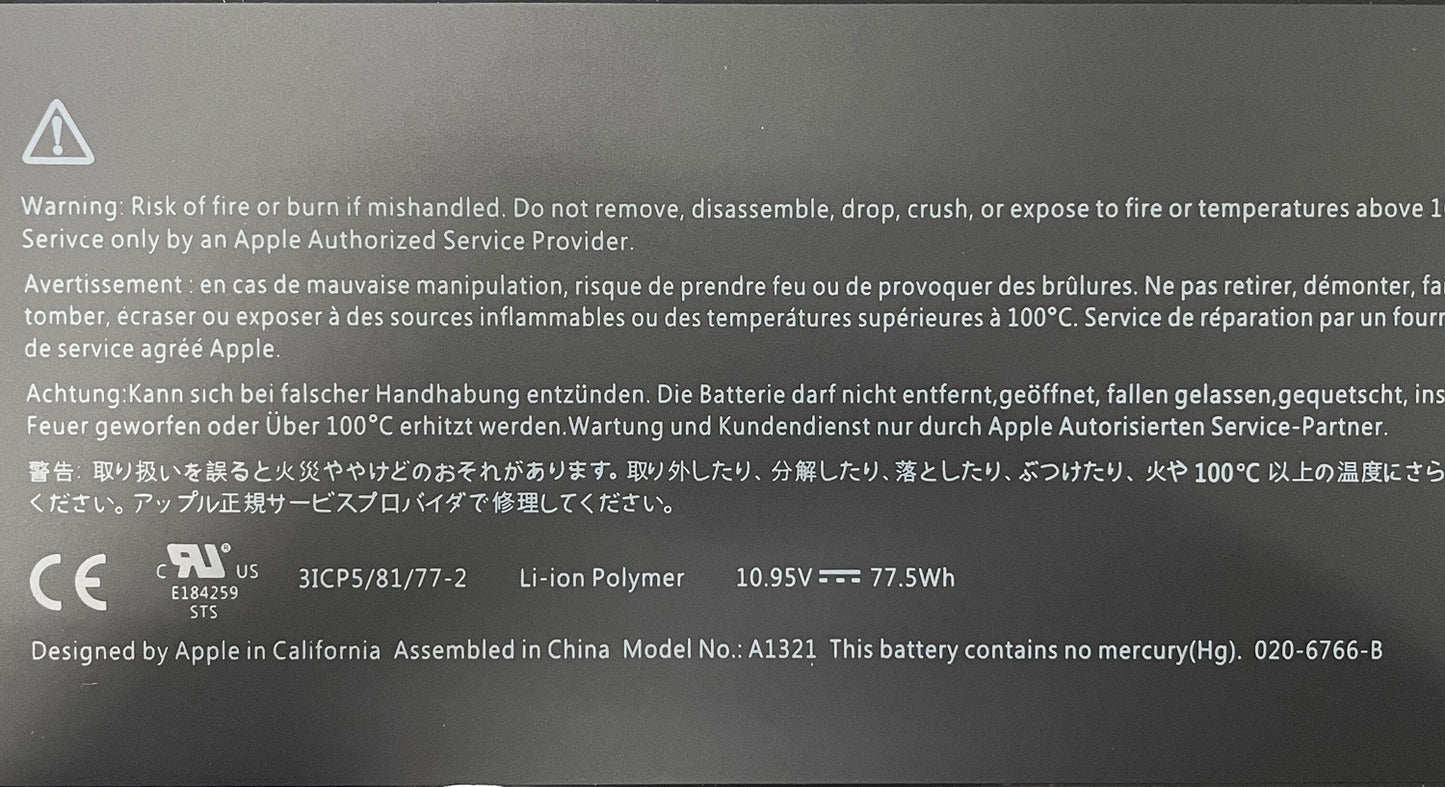 Genuine A1321 A1286 Laptop Battery for MacBook Pro 15" inch (Mid 2009 & 2010 Version) MB985 MB985LL/A MB986 MB986LL/A MB986J/A MC118 MC118LL/A MC373LL/A