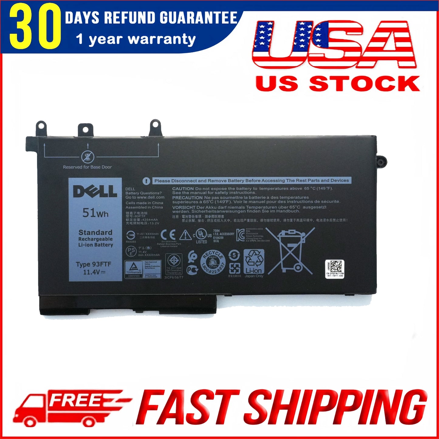 93FTF 51Wh Battery Replacement for Dell Latitude 5580 Laptop & Latitude 5490 2-in-1 Business Notebook
