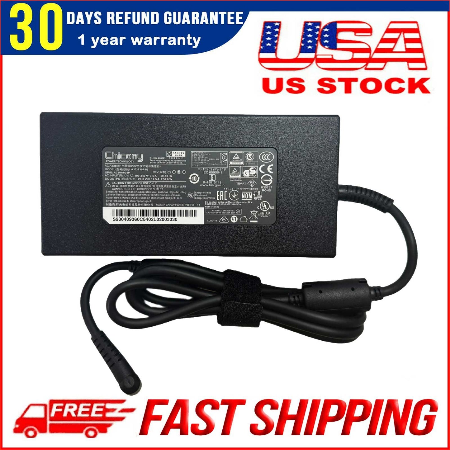 Genuine Chicony A17-230P1B AC Adapter 20V 11.5A 230W Laptop Charger