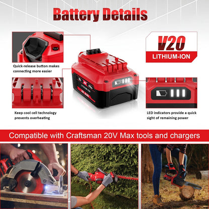 2PCS 20V 8.0Ah High‑Capacity Replacement Battery for Craftsman V20 CMCB204 CMCB202 CMCB201 Cordless Power Tools