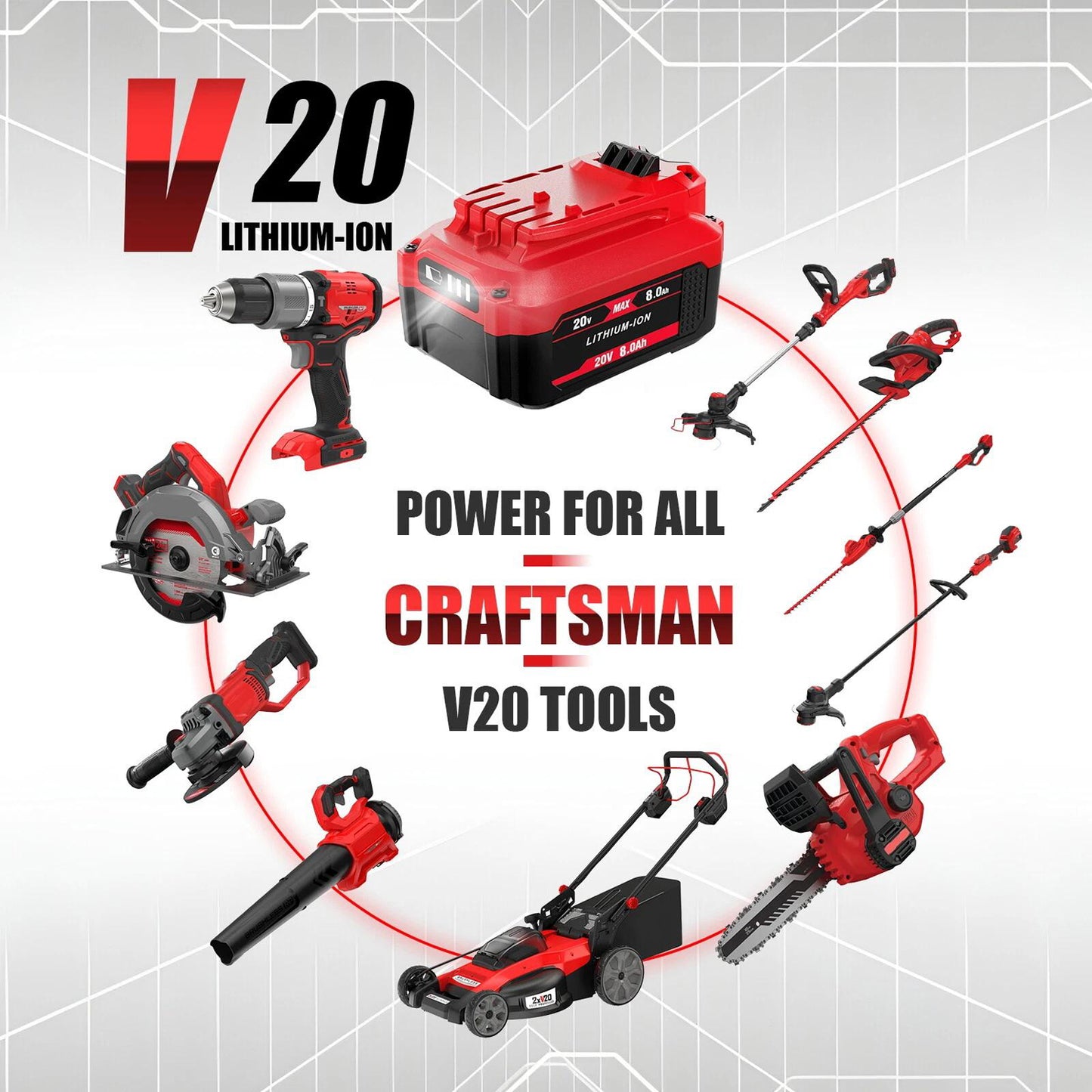 2PCS 20V 8.0Ah High‑Capacity Replacement Battery for Craftsman V20 CMCB204 CMCB202 CMCB201 Cordless Power Tools