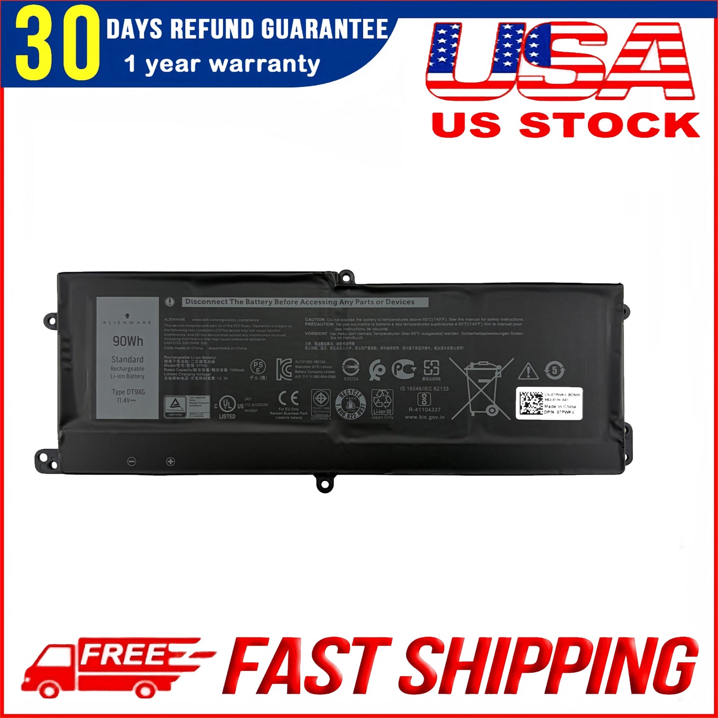 New Genuine 90Wh 11.4V Battery Replacement for Alienware Area‑51m Laptop (Dell 7PWKV, KJYFY, DT9XG)
