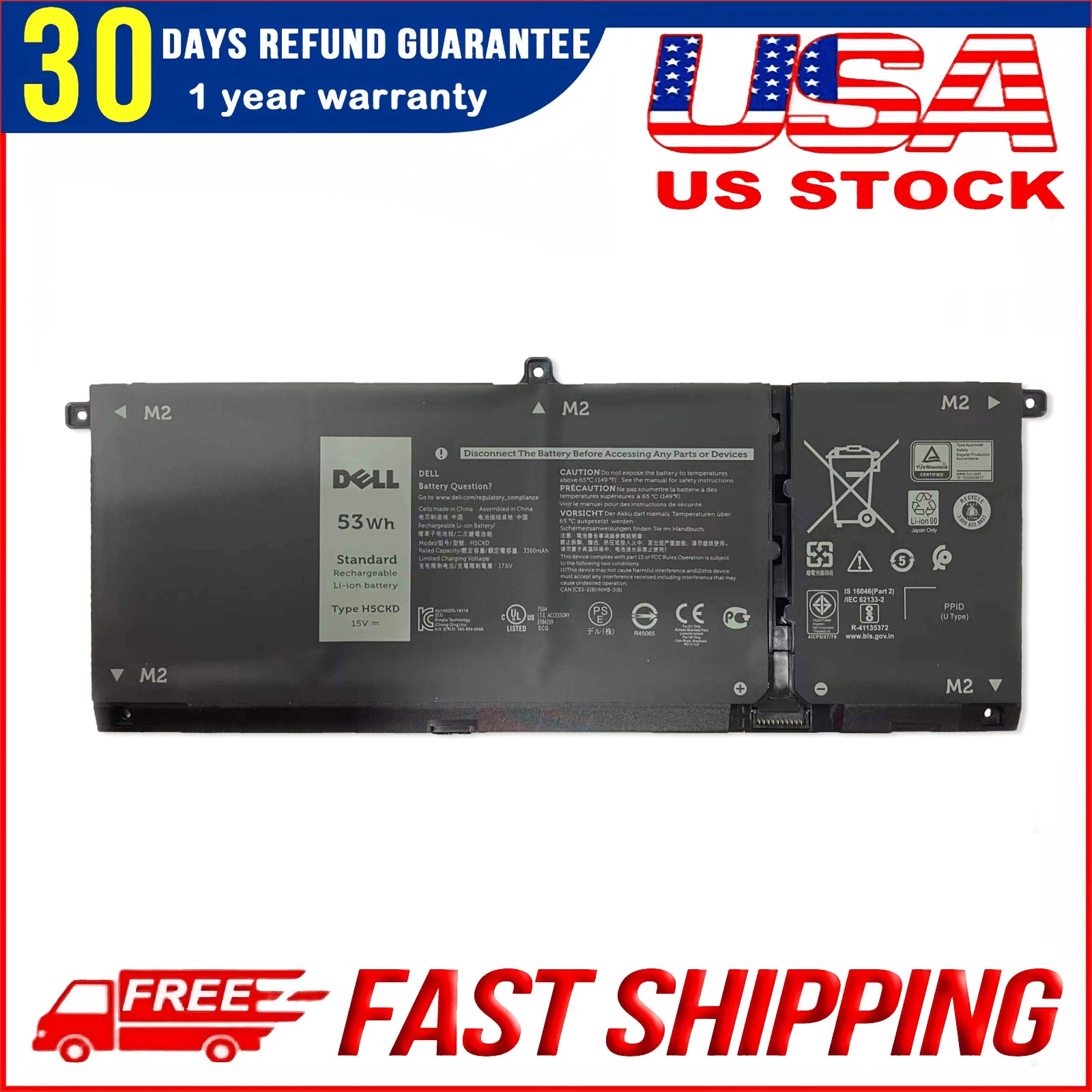NEW Dell 53Wh 4‑Cell H5CKD Battery Replacement for Latitude 3510 Inspiron 5505 Vostro 5402 Laptop