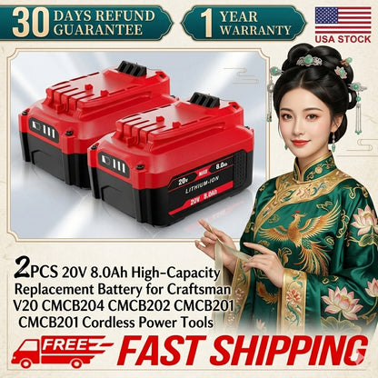 2PCS 20V 8.0Ah High‑Capacity Replacement Battery for Craftsman V20 CMCB204 CMCB202 CMCB201 Cordless Power Tools