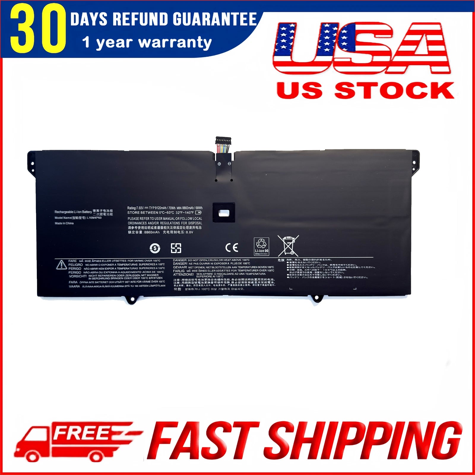 Genuine L16M4P60 Laptop Battery for Lenovo Yoga 920 920-13IKB 920-131KB 920-13IKB-80Y7 80Y8 81TF Ideapad Flex Pro-13IKB Yoga 6 Pro-13IKB 5B10N01565 5B10N17665 SB10W67429 5B10W67249 7.68V-70Wh