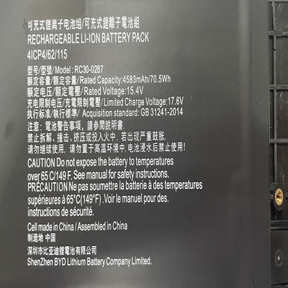 Genuine RC30-0287 Laptop Battery Compatible with Razer Blade Pro 17 2019 2020 RZ09-0287 RZ09-02876 RZ09-02877 RZ09-02878 RZ09-02876E92-R3U1 RZ09-03295 RZ09-03297 Series 4ICP4/62/115 15.4V 70.5Wh 4583mAh