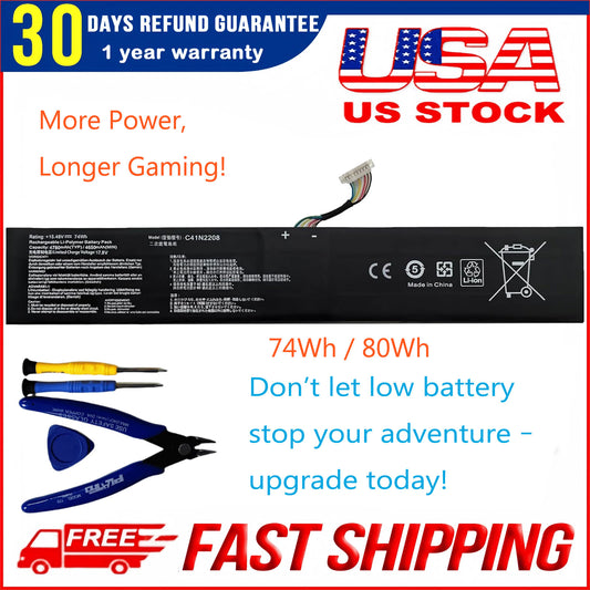 C41N2208 Laptop Battery For ASUS ROG ALLY Gaming Handheld series of RC71L/PC71L Expand high capacity of 74Wh mod upgrade Free all Tools Compatible Asus ROG Ally (2023) RC71L 15.48V 74Wh 4780mAh or 15.48V 80Wh 5160mAh