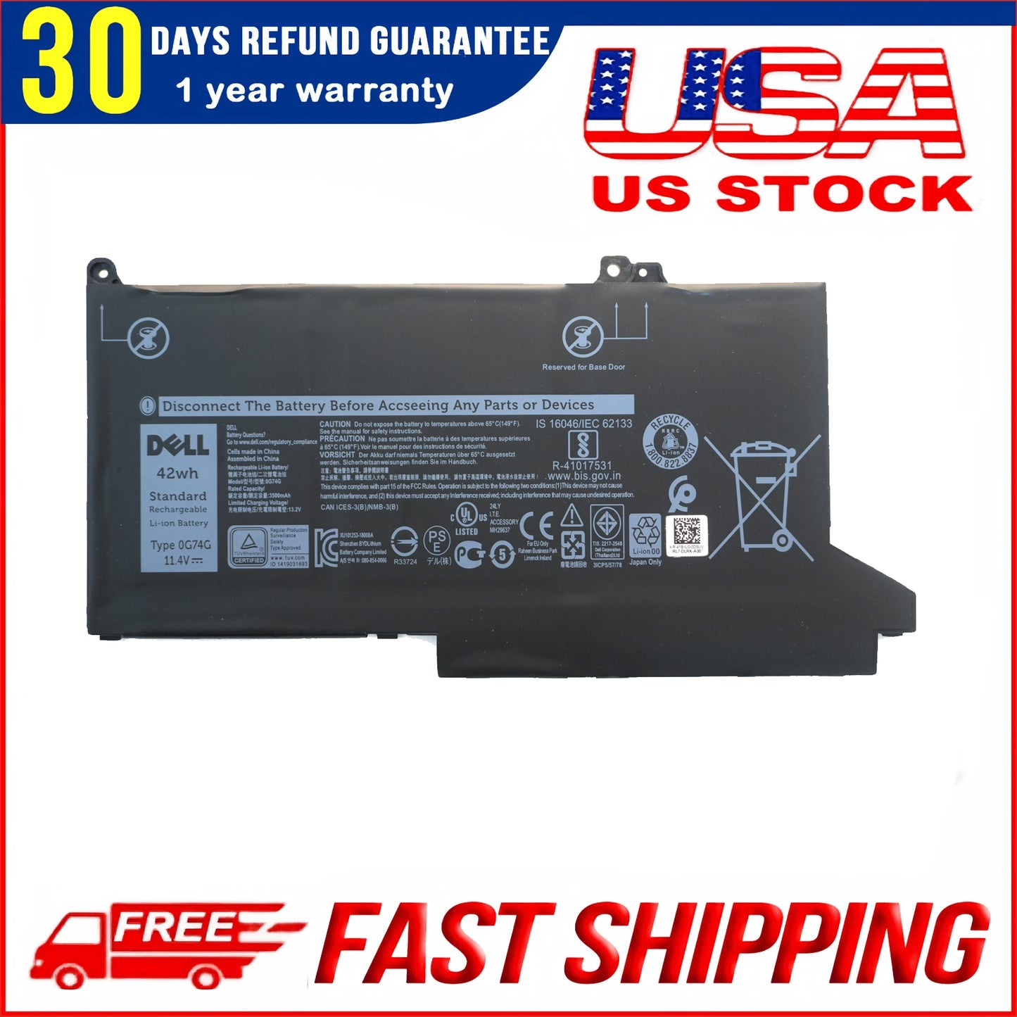 0G74G Laptop Battery Replacement for Dell Latitude 5300 2-in-1 5310 7300 7400 Series Notebook OG74G 2PFPW 02PFPW 3KF82 8JYHH 11.4V 42Wh