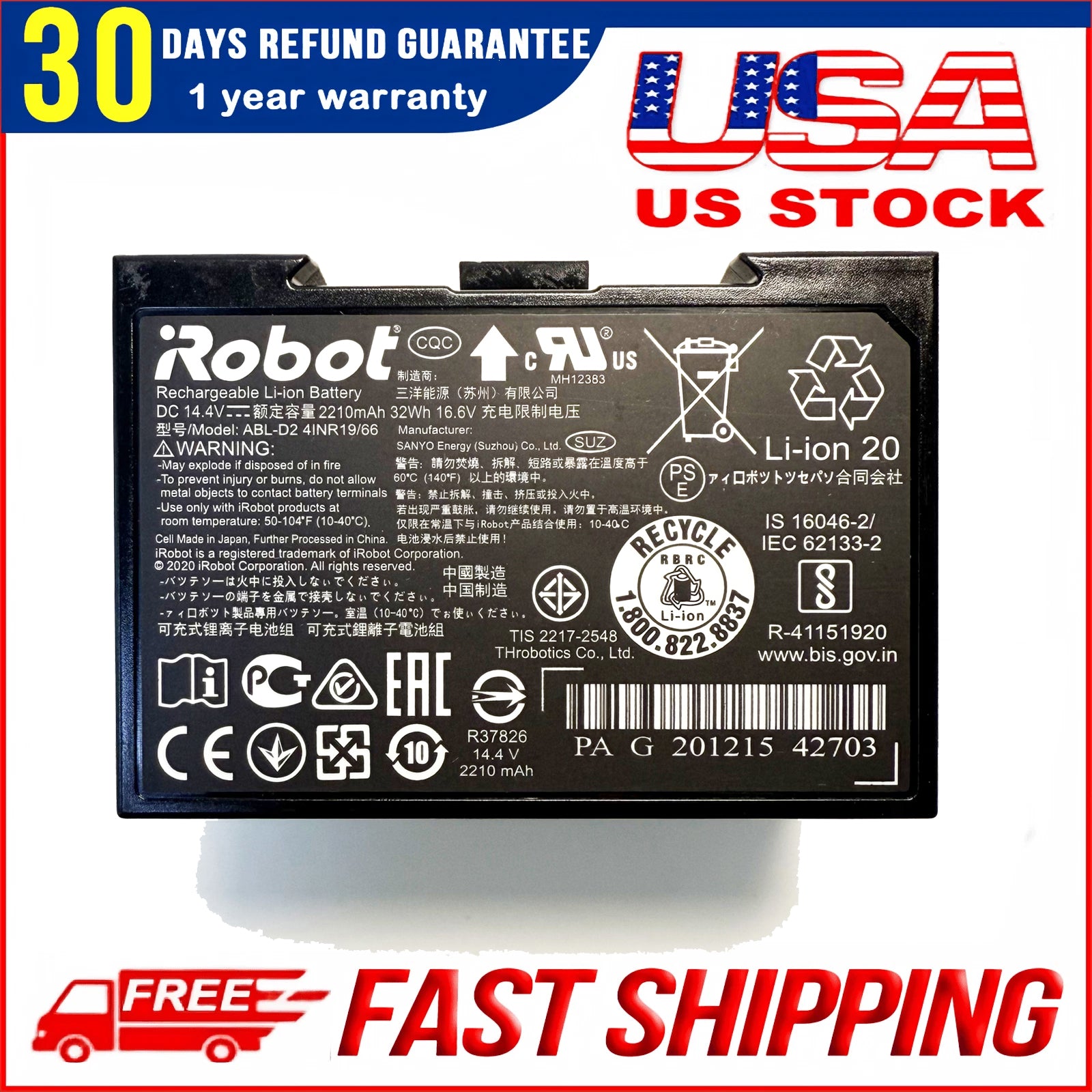 Genuine ABL-D2 ABL-D2A Battery Compatible with iRobot Roomba j7 j7+ j8+ i8 i8+ i8 Plus i4 i4+ i4 Plus i7+ i7 j7150 j7550 i8550 i4150 i3 i6 e5 e6 e5150 e5152 e6198,Combo i5 i5+ j5 j5+ j9 j9+ Robot 14.4V 32Wh