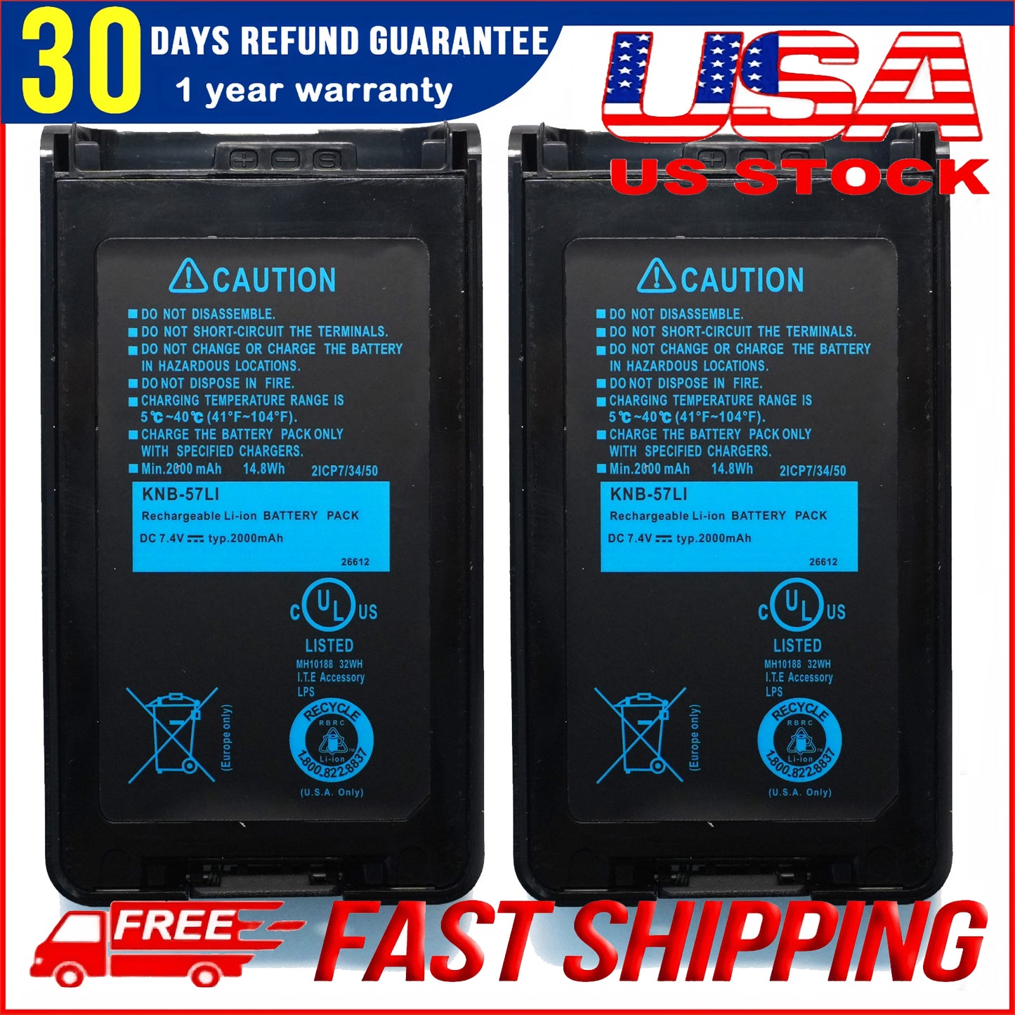 Genuine Kenwood KNB-78L Replacement Battery 2-Pack for TK-2173 TK-3148 Radios