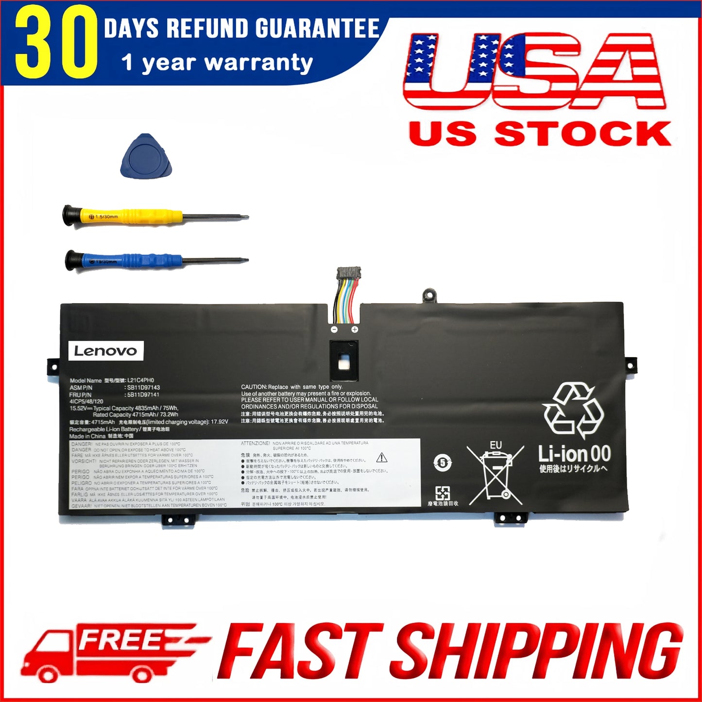 Genuine 75Wh L21C4PH0 L21B4PH0 Battery Replacement for Lenovo IdeaPad Yoga 9-14IAP7 Type 82LU/ Yoga 9-14IRP8 Type 83B1 Series Notebook L21D4PH0 SB11D97143 SB11D97136 15.52V 4835mAh