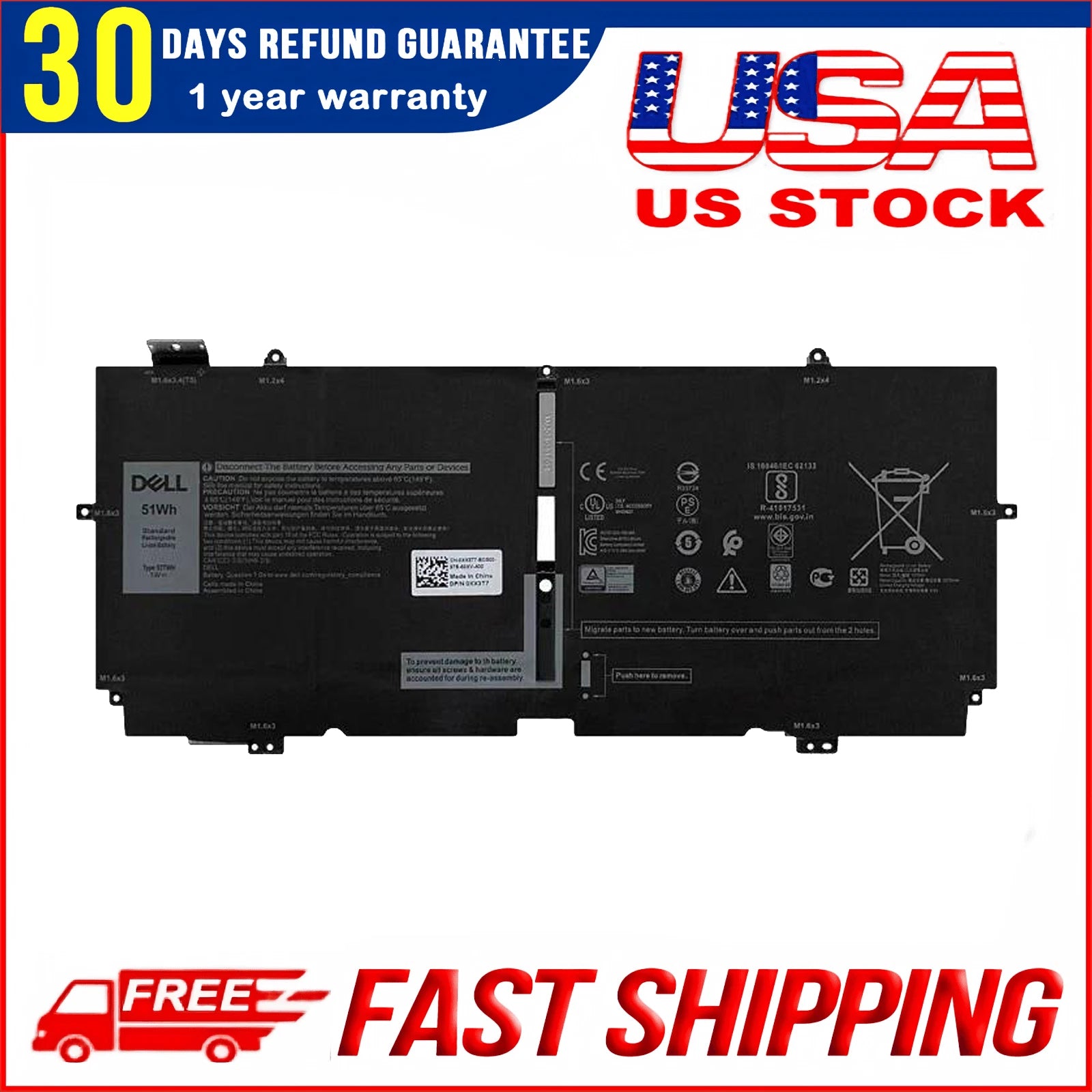 New Genuine P103G 51Wh Battery Replacement for Dell XPS 13 7390 2-in-1 Convertible Laptop (Part # MM6M8, XX3T7, 52TWH)