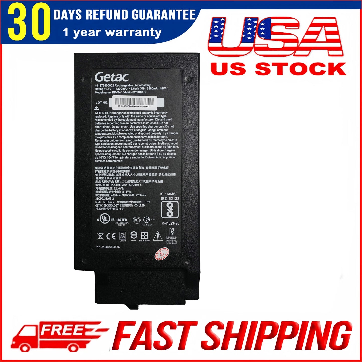 Genuine BP-S410-MAIN-32/2040S 4200mAh Battery Replacement for Getac S410 Semi-Rugged Laptop (Part # 441876800002)