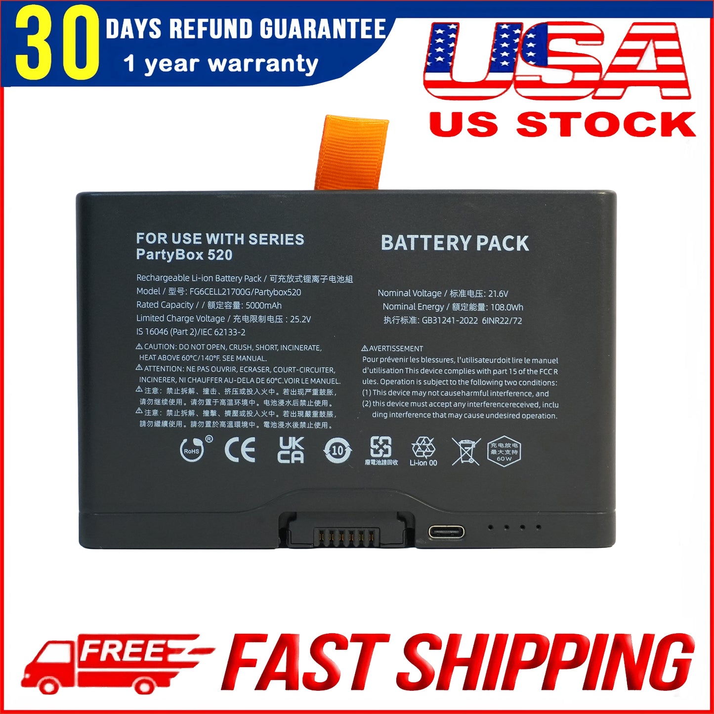 Genuine 5000mAh 108Wh High Capacity Replacement Battery for JBL PartyBox Stage 520 720 Portable Bluetooth Speaker FG2CELL21700