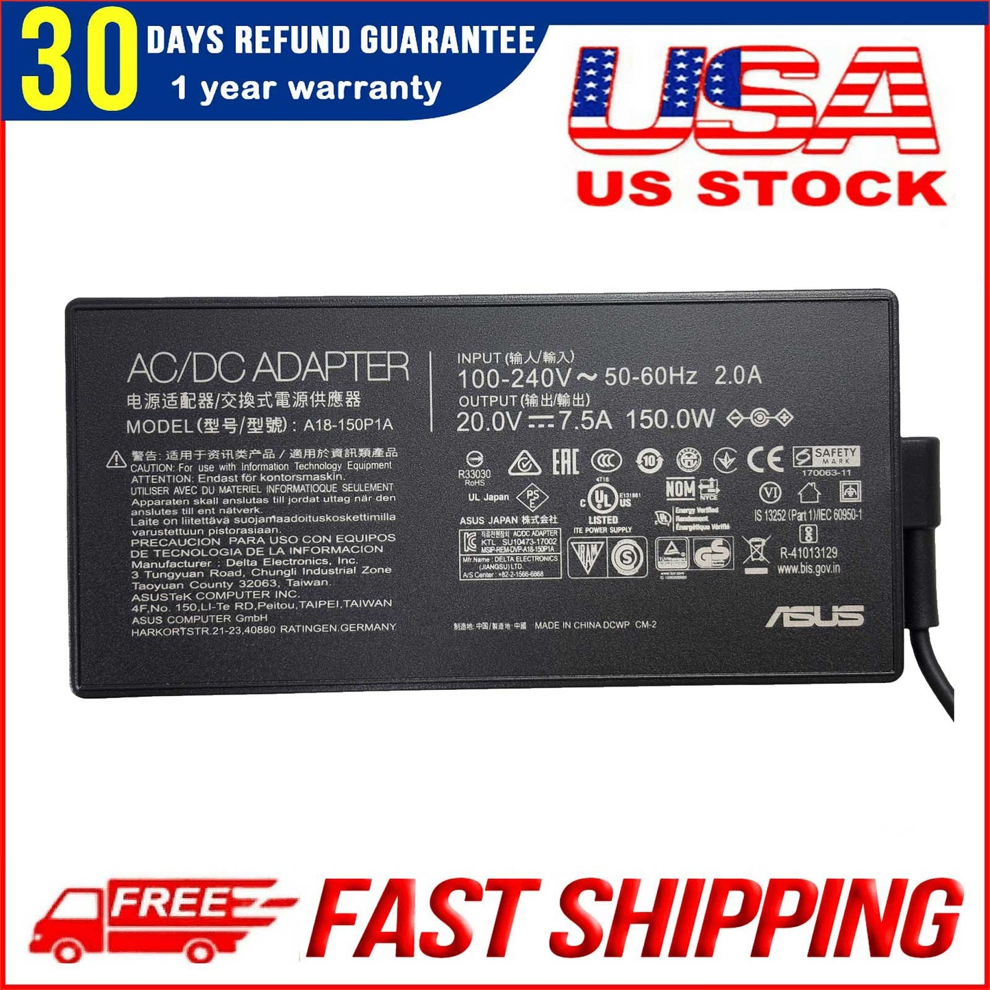 Genuine ASUS 150W A18-150P1A Charger for Zenbook Pro 15/17 | 4.5mm/3.0mm Tip