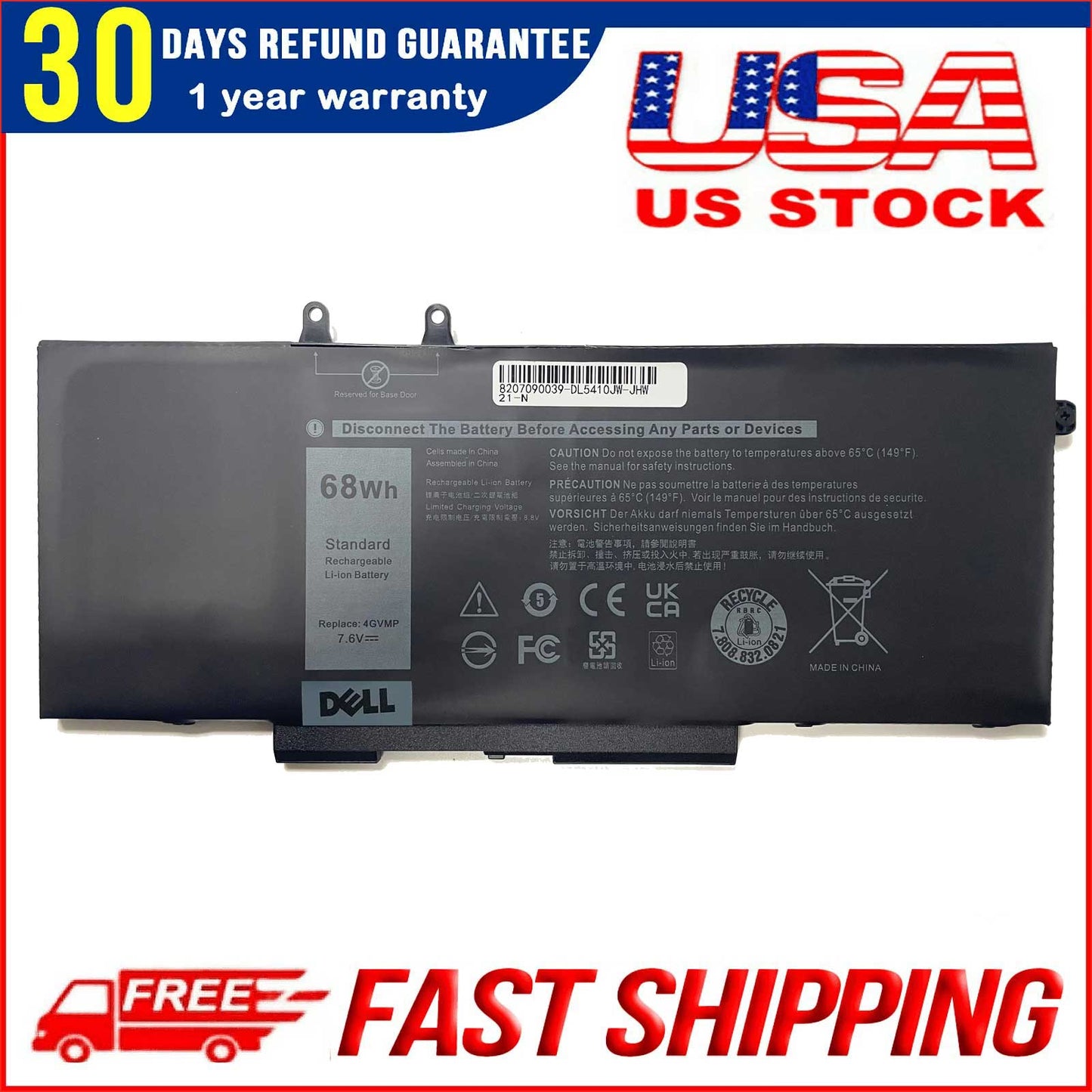 4GVMP Laptop Battery for Dell Latitude 5400 5500 5410 5510 E5400 E5500 Inspiron 7590 7591 7791 2-in-1 Precision 3540 3550 Series P84F P84F001 P42E P42E001 P98G001 P80F001 RF7WM C5GV2 H82T6 7.6V 68Wh