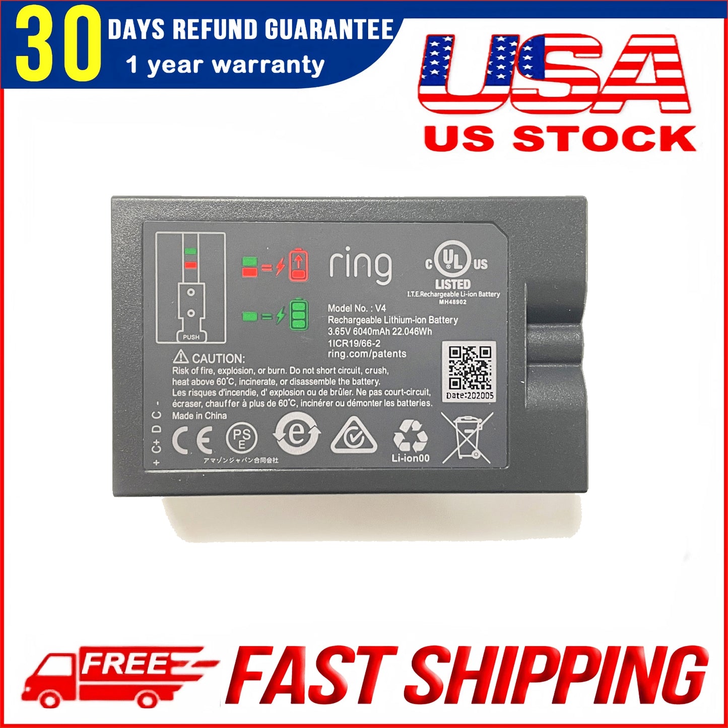 Genuine 4-Pack Rechargeable  Ring Doorbell Battery  2/3/4/3 Plus & Stick Up Cam | 6040mAh